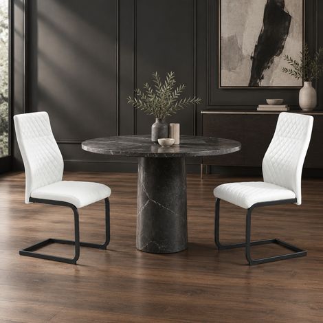 Runder Tisch Ø 107 cm mit 2 weißen Stühlen, MDF und Metall, Industriestil (1/5)