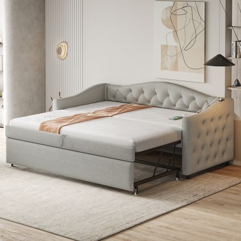 Modfu – Canapé-lit convertible 90x200cm en lin – Lit gigogne 90x190cm avec port USB – Sommier à lattes – Dimensions compactes pour petits espaces