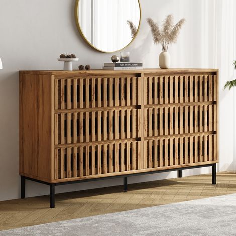 Credenza moderna in legno naturale 120 x 40 x 81 cm con 6 cassetti e 5 gambe OKWISH (1/5)
