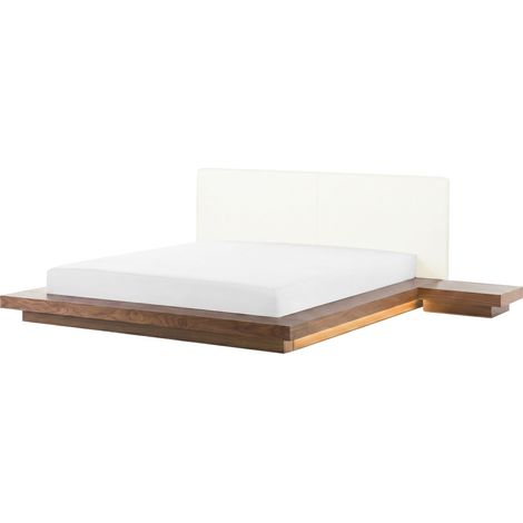 Cama LED moderna con plataforma mesitas de noche cabecero de piel sintética MDF madera de fresno marrón 160 x 200 cm Zen (1/5)