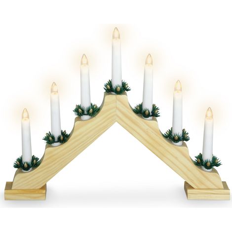 Holz Schwibbogen 39 cm mit 7 LED Kerzen und Timer - natur - Weihnachtsdeko mit Beleuchtung - Adventsleuchter Lichterbogen Kerzenbrücke Fenster Deko Batterie betrieben