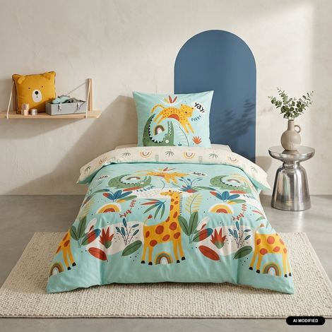 sweeek - Parure de lit coton réversible turquoise imprimé savane / arc-en-ciel 1 place 140 x 200cm - Tanzania (1/5)