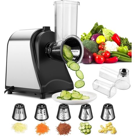 Coupe-légumes Électrique, 5 en 1 Râpe Multifonctionnelle Électrique, 250W Râpe et Hachoir Électriques, avec 5 Cônes en Acier Inoxydable, Convient pour Légumes et Carottes
