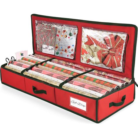 Sac de Rangement Papier Cadeau avec Poches Intérieures, 103 cm Durable Organisateur Rouleaux Papier Cadeau en Oxford 600D pour Cartes, Arcs, Rubans Noel (Rouge) (1/5)