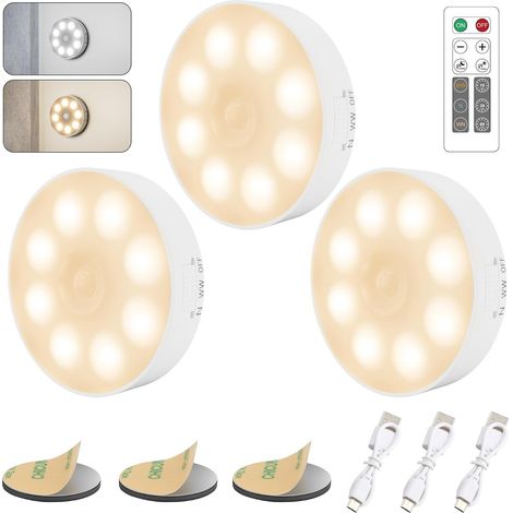 3 Pièce Dimmable Lampe Detecteur Mouvement [avec Télécommande]  Veilleuse LED Automatique Rechargeable, 3 Températures de Couleur, Veilleuse Sans Fil pour Placard, Armoire, Escalier (1/5)