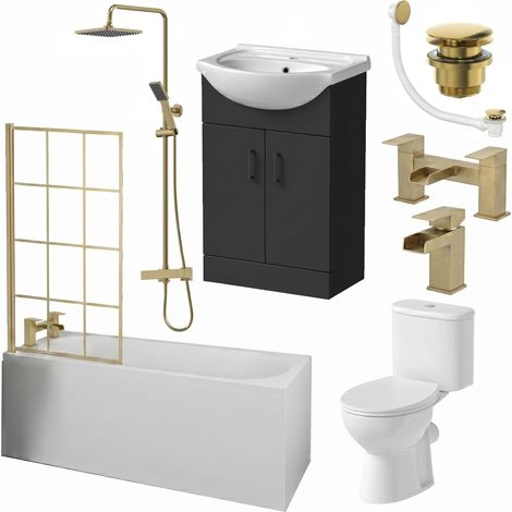 Complete Bathroom Suite Brass Bath Shower Screen Basin Vanity Taps Toilet 1700