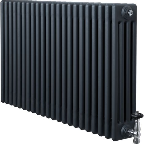 Radiador Horizontal 4 Columnas Gris Antracita 600x1010 mm con Válvulas Termostáticas – Radiador Tradicional de Acero, 1280W, Calefacción Eficiente Incluye Soportes, Kit y Cepillo – Garantía 15 Años