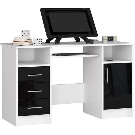 bureau polo bois mdf 1 porte 3 tiroirs façade noir brillant 5 étagères 124x52x74 cm