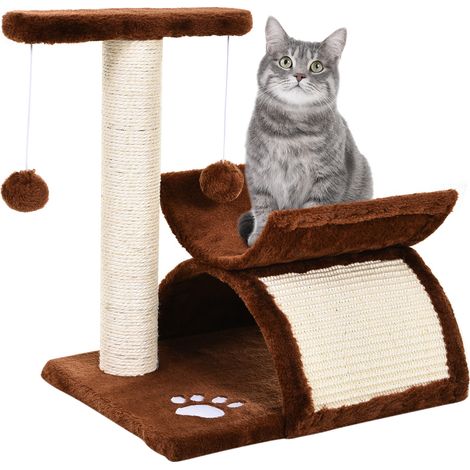 Kratzbaum 43 cm Kleiner Katzenbaum mit Tunnel, U-förmige Liegefläche, Katzenkratzbaum mit Kratzbrett, Spielball, Katzenmöbel für kleine Katzen, Braun