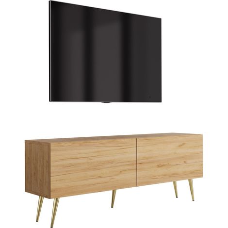 Meuble TV sur pieds 140 cm, 2 portes, Chêne Craft, pieds inclinés dorés, 140 x 32 x 52 cm (1/5)