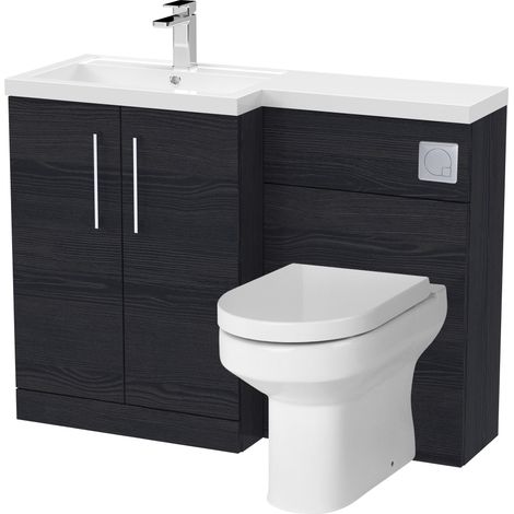 Bramshall Bathroom Bundle Floor Standing Vanity Basin and WC Unit with Pan, Seat and Cistern - Left Hand - Charcoal Black Woodgrain