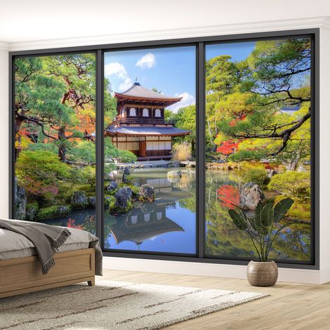 Papier peint panoramique Trompe l'oeil baie vitrée - Temple japonais - 325 cm x 195 cm (1/5)