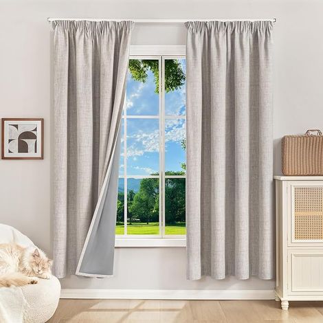 Thermal Insulated Blackout Curtain, 140 x 175 cm Curtains with Ruffle Tape Living Room Bedroom Anti Heat Noise Grey White (1/2)