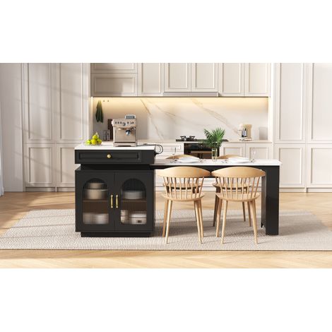 Ausziehbarer Küchentisch mit Rollen, LED, USB-/Type-C-Anschlüssen, schwarz OKMYHOME (1/5)