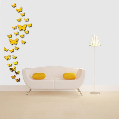 (Gold) Butterfly Wall Stickers, 36PCS Acrylic Butterfly Mirror Stickers 3D Butterfly Wall Decals Living Room Bedroom Office Decor