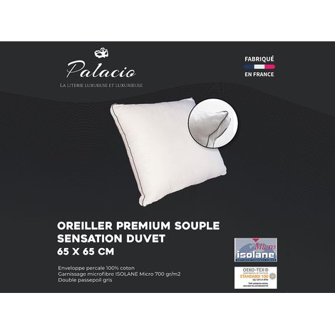 Oreiller sensation duvet en percale de coton 91 fils/cm² - 65 x 65 cm - 700 gr - Blanc - AUXENCE