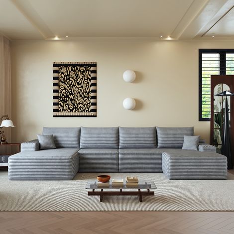 Canapé modulaire 340cm sans montage, sofa d'angle L convertible, assise profonde, gris, pour salon, chambre, appartement, moderne. (1/5)