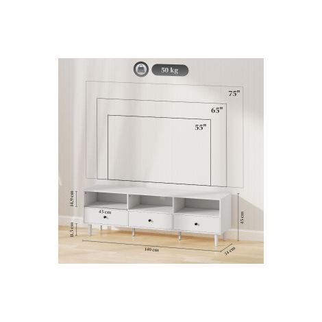 Meuble TV blanc 140 cm avec tiroirs, 3 niches ouvertes et gestion des câbles pour salon, chambre et espace multimédia (1/5)