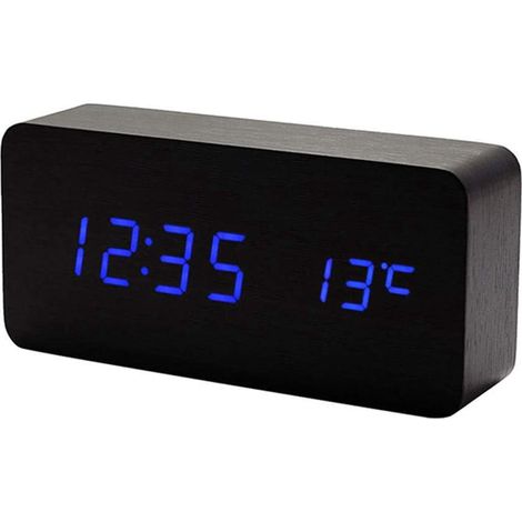 Digitaler Wecker aus Holz – Multifunktionale LED-Uhr mit Anzeige von Uhrzeit, Datum und Temperatur sowie Sprachsteuerung – Schwarz/Blau (1/5)
