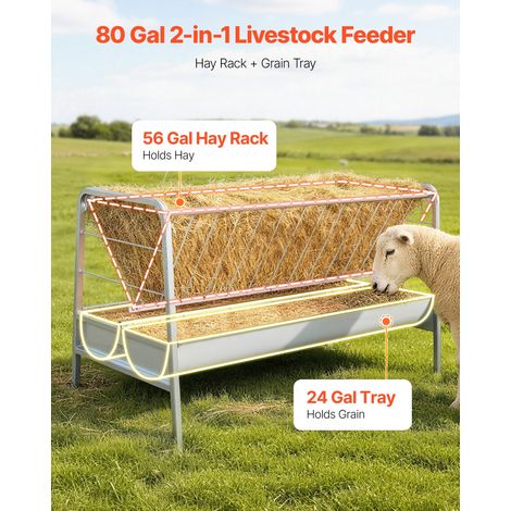 Râtelier Foin Chèvre 2 en 1 Mangeoire à Foin et à Grains 246 L + 105 L pour Chevaux Bétail Moutons Ovins Caprins aux Fermes Écuries… (1/5)