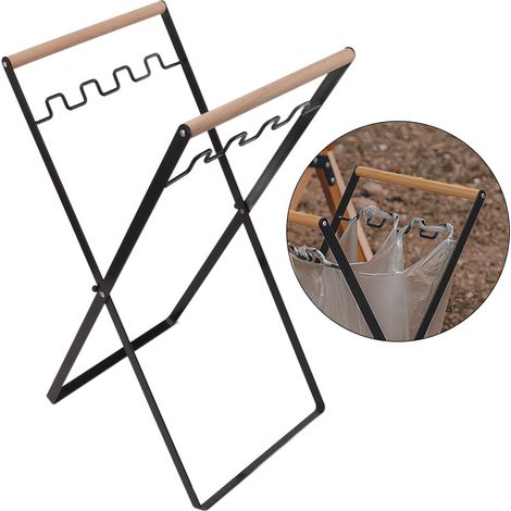 Égouttière pliante d'extérieur, étagère de rangement de cuisine, porte-sacs en plastique, poignée en bois, égouttoir à poubelles en fer forgé, noir. (1/5)