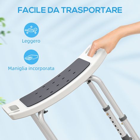 Tabouret de douche antidérapant en aluminium et plastique gris, hauteur ajustable sur 6 niveaux de 39 à 52 cm