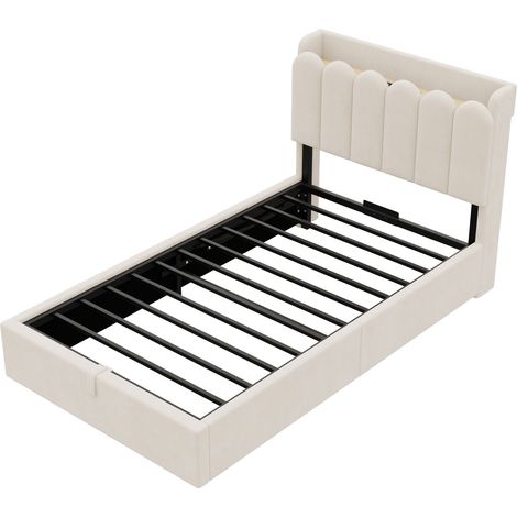Cama infantil 90 x 200 cm de terciopelo beige con arcón, cabecero y somier (1/5)