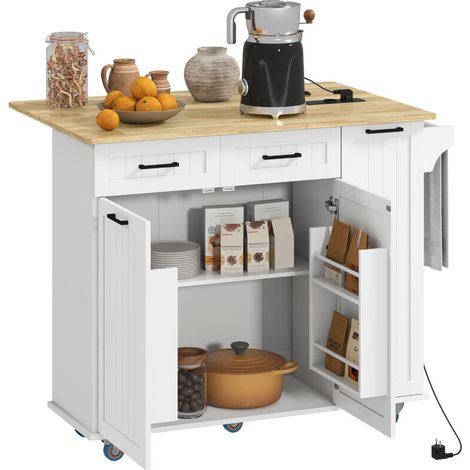 Îlot central cuisine mobile avec prise de courant et port USB, tablette à abattant, étagère réglable blanc (1/5)