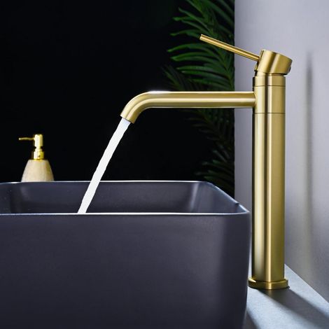 Waschtischarmatur Gold 360° schwenkbar, 20,4cm Auslaufhöhe, Keramikkern, Warm/Kaltwasser (1/5)