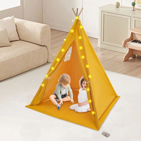 Tipi - Tente pour enfant avec tapis de sol et guirlande lumineuse - Tente de jeu pliable en coton - Pour l'intérieur et l'extérieur - 120 x 120 x 140 cm - Jaune