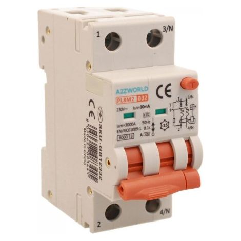 RCBO Interruttore Magnetotermico Differenziale Con Doppia Leva Tipo A Curva B 2P 2M 6000A 30mA, Diagnostica Visiva, B32A  AC 230V IP20 IEC61009-1 PL8M2