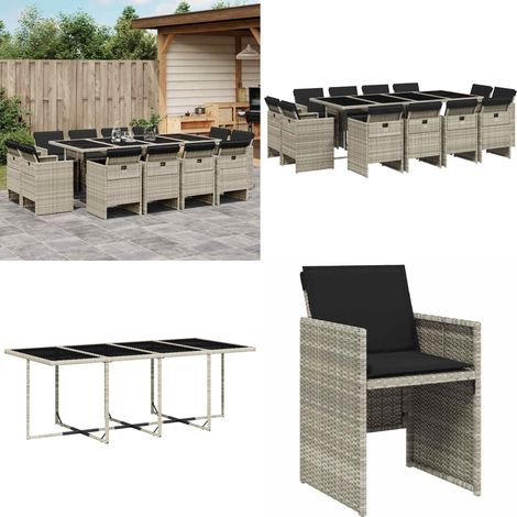 13-tlg. Garten-Essgruppe mit Kissen Hellgrau Poly Rattan - Gartengestelle - Gartenmöbelset - Outdoor Möbel - Esstisch - Gartenstühle - Home & Living