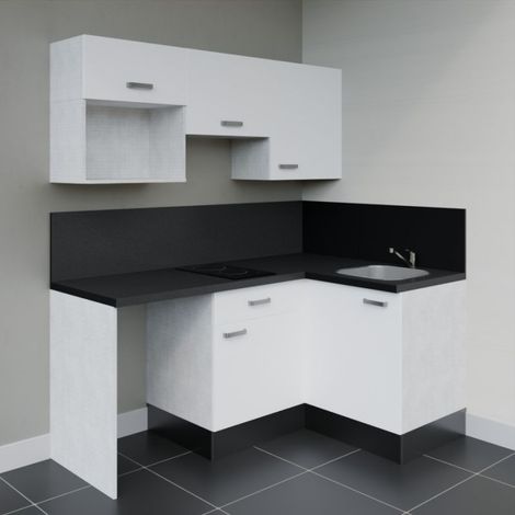 Kitchenette d'angle KA03L-PT avec plan de travail et évier - Façade Blanc - Plan Noir texturé - Evier Inox - Crédences Oui