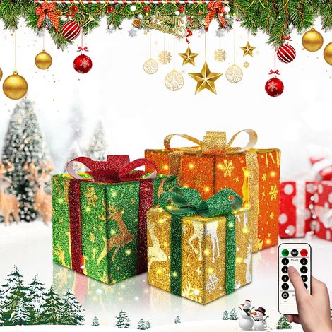 Boîte Cadeaux Lumineuse de Noël, Lot de 3 Boîte Cadeaux Lumineuse de Noël avec Noeud, Boîtes Cadeaux LED pour Decoration Noel, Intérieur et Extérieur-Rouge, Vert et Jaune (1/5)