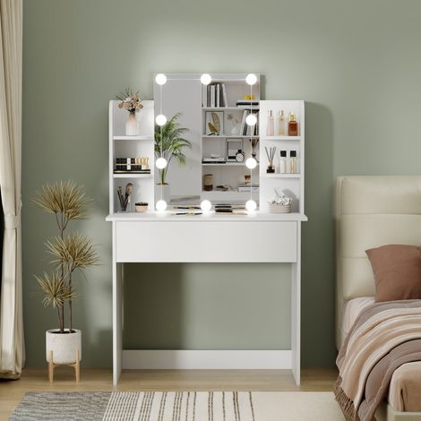 FURNITURE HMD White LED Dressing Table with Mirror, 3 Color Modes, 1 Drawer & 4 Shelves Modern Vanity Desk with Bulb Lights for Bedroom Space-Saving Flat-Pack Design (85x40x140cm) (1/4)