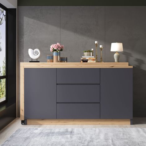 Bureau d'angle 120x50x76.5cm - Plateau pivotant - 3 tiroirs et 2 portes - Avec roulettes verrouillables - Gris+naturel (1/5)