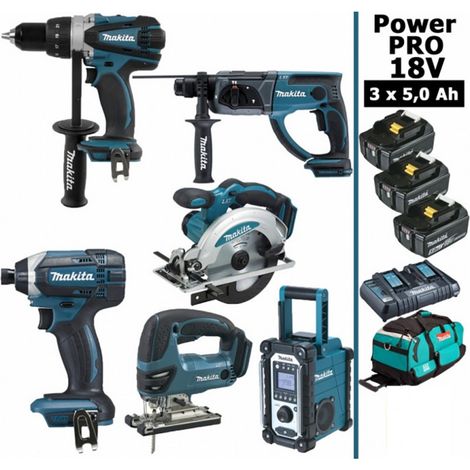 Pack Makita Power PRO 6 outils 18V: DDF458 + DHR202 + DTD152 + DJV180 + DSS610 + DMR108 + 3 batt 5Ah + sac (1/5)