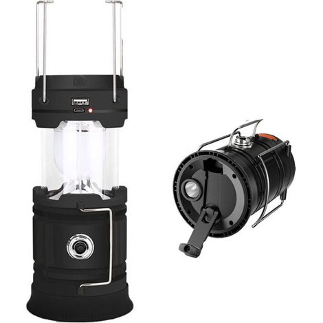 CCYKXA Lanterne LED Rechargeable Solaire/USB,  Lampe Camping Puissante, 2 Modes Lanterne de Jardin Portable, Torche 360° Eclairage Suspendue avec Etanche pour Bivouac/Secours/Garage/Cave/Pêche(Noir)