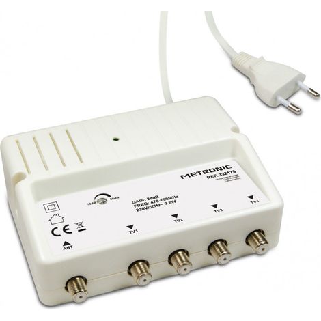 Amplificateur TV répartiteur blindé 4 sorties – Réglage de gain pour qualité d'image optimale – Connexion fiche F antiparasites – Metronic (1/3)