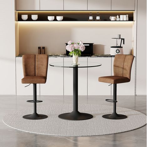 Conjunto de bar de 3 piezas con mesa de cristal de 89 cm y 2 taburetes giratorios, marrón/negro (1/5)