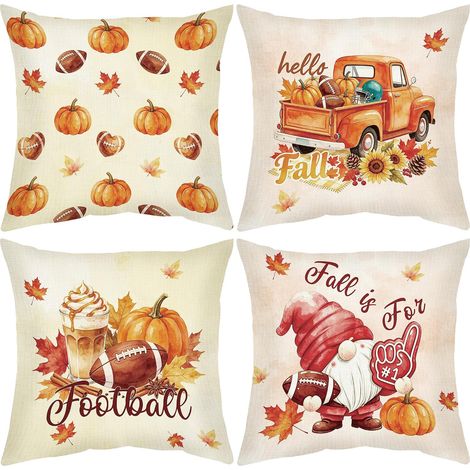 Un juego de 4 fundas de almohada (45 x 45 cm) decoradas con motivos de gnomos, un camión naranja y una calabaza, para darle un toque otoñal. (1/5)