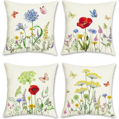 Lot de 4 45 x 45 cm Housse de Coussin Fleurs de Jardin Papillon Polyester Lin Décoratif Taie d'oreiller pour Canapé Lits Chaises Salon Maison Extérieur Décor (1/5)