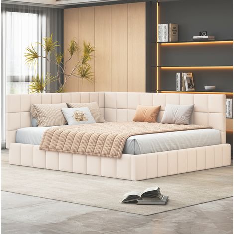 Lit 160x200 banquette avec sommier tissu beige HAVRYA (1/5)