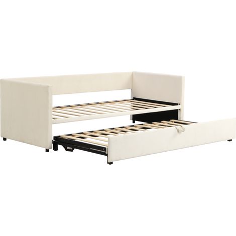 Canapé-lit convertible 90/180 x 200 cm en velours beige avec sommiers à lattes, lit multifonction sans matelas (1/5)