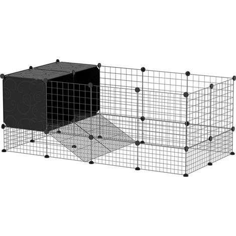 Enclos pour petits animaux, cage à lapin modulable 31 panneaux avec niches surélevées, en acier, 140x70x52cm, noir (1/5)
