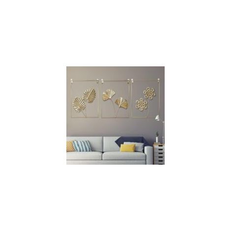 3er-Set goldene Wanddekorationen, moderne minimalistische abstrakte Linienkunst-Ginkgoblatt-Metallskulpturen für Wohnzimmer, Schlafzimmer, Büro, 30 x 40 cm – Crezuo