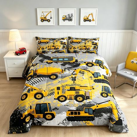 Parure de lit pour Enfants Literie de lit pour garçons et Tout-Petits Motif de Voitures de Dessin animé, Pelleteuse, Tracteur Ensemble de Couette avec 1 taie d'oreiller pour lit Simple (1/5)