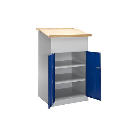 Stehpult, geschlossene Schrank-Ausführung, 2 feste Böden, fester Pultaufsatz, BxTxH 700x600x1100/1200 mm, RAL 7035/5010 (1/3)