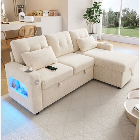 Divano letto angolare 206x131x85 cm beige in chenille con contenitore, LED, USB/USB-C e chaise longue reversibile (1/5)