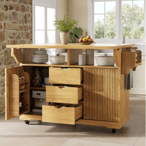 Mueble de cocina móvil con mesa extensible, 95 cm, marrón OKMYHOME (1/5)